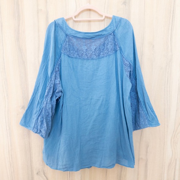 Womens Embroidered Lace Blouse Sz 3X Blue 3/4 Sleeve Boho Cottage Lightweight - Picture 6 of 7